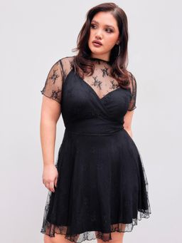 Cider - Curve & Plus Black Floral Lettuce Trim Ruffle Mini Dress