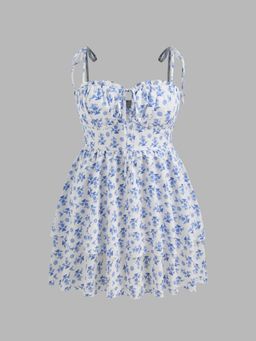 Cider - Curve & Plus Blue Woven Floral Ruffle Hem Knotted Layered Mini Dress