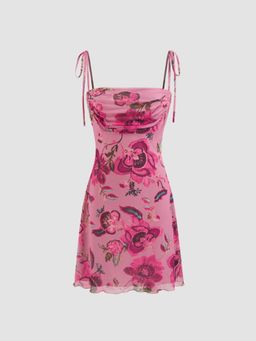 Cider - Pink Shoulder Strap Neck Floral Ruched Mini Dress