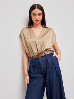 Cider - Khaki Satin Solid Ruched Sleeveless Shirt Bodysuit