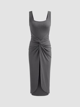 Cider - Grey Square Neck Solid Twist Knotted Midi Dress