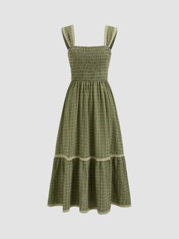 Cider - Green Square Neck Shirred Gingham Midi Dress