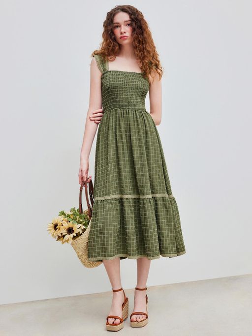 Buy Cider Green Square Neck Shirred Gingham Midi Dress (S) Online Buy Cider Green Square Neck Shirred Gingham Midi Dress (S) Online