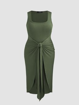 Cider - Curve & Plus Green Square Neck Solid Twist Knotted Midi Dress
