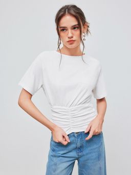Cider - Cotton Blend Round Neck Solid Ruched Short Sleeve Top