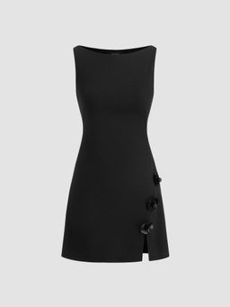Cider - Black Boat Neck Floral Split Mini Dress