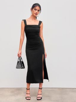 Cider - Black Square Neck Ruched Split Bowknot Midi Dress