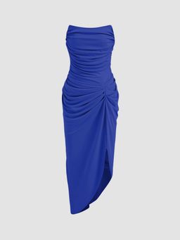 Cider - Blue Ruched Asymmetrical Tube Midi Dress