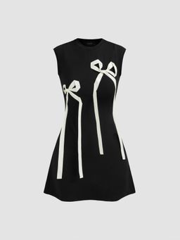 Cider - Black Round Neckline Bowknot Sleeveless Mini Dress