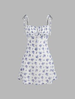 Cider - Blue Mesh Floral Knotted Mini Dress