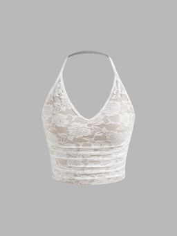 Cider - Beige Floral Lace Ruched Halter Crop Top