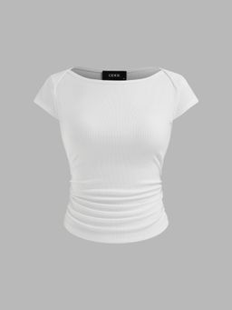 Cider - White Cotton Blend Boat Neck Ruched Short Sleeve Tee