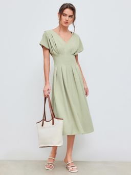 Cider - Green V Neck Solid Pleated Midi Dress
