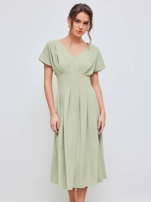 cider green dress Buy V Neck Solid Pleated Midi (S) Online pcat-518