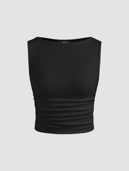 Cider - Black Boat Neck Ruched Solid Crop Tank Top