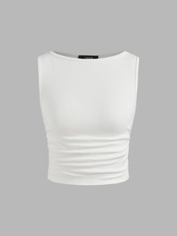 Cider - White Boat Neck Ruched Solid Crop Tank Top