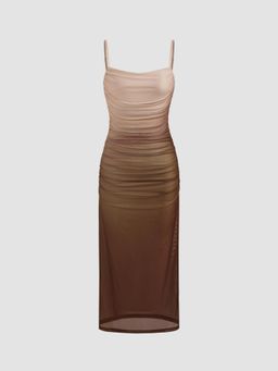 Cider - Tan Mesh Gradient Ruched Midi Dress