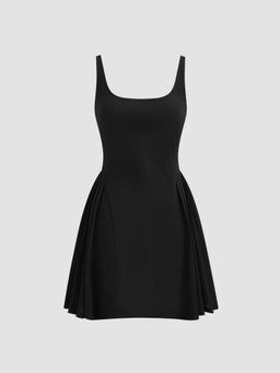 Cider - Black Square Neck Solid Pleated Cami Mini Dress
