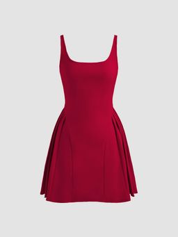 Cider - Red Square Neck Solid Pleated Cami Mini Dress