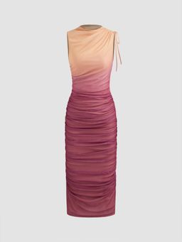 Cider - Pink Mesh Round Neck Gradient Ruched Drawstring Maxi Dress