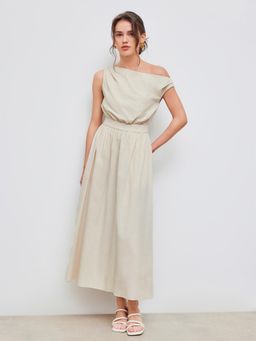 Cider - Beige Cotton Blend Asymmetrical Neck Solid Ruffle Midi Dress