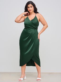 Cider - Green Curve & Plus Satin Wrap Knotted Midi Dress