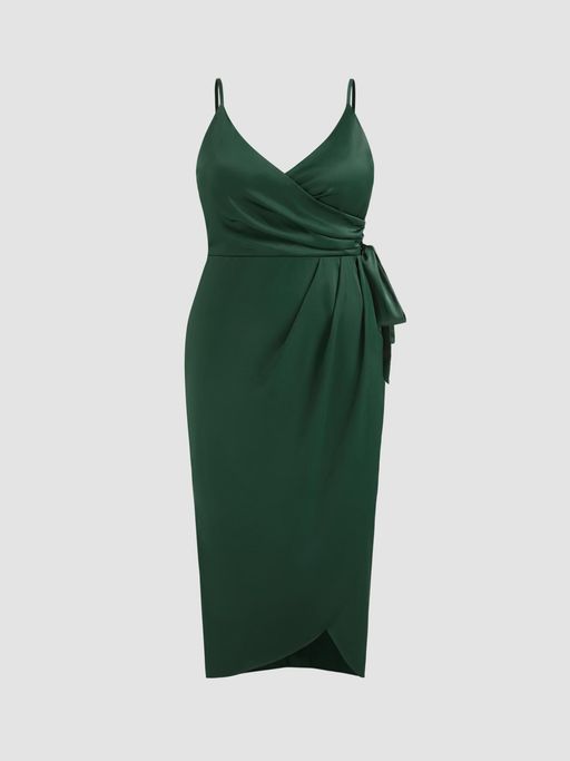 Buy Cider Green Curve & Plus Satin Wrap Knotted Midi Dress (1XL) Online