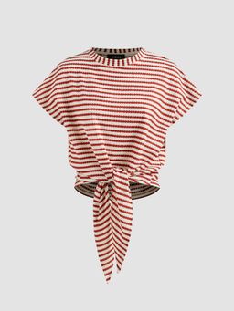 Cider - Red Round Neckline Stripes Knotted Short Sleeve Tee
