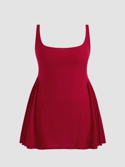 Cider - Curve & Plus Maroon Square Neck Solid Pleated Cami Mini Dress