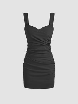 Cider - Black Square Neck Solid Ruched Mini Dress