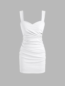 Cider - White Square Neck Solid Ruched Mini Dress