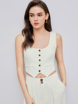 Cider - Beige Linen Blend Scoop Neck Solid Knotted Button Crop Top