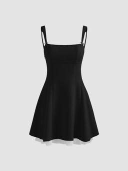 Cider - Black Square Neck Solid Bowknot Zipper Mini Dress