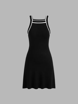 Cider - Black Knitted Square Neck Contrasting Binding Sleeveless Mini Dress