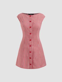 Cider - Red Cotton Blend Boat Neckline Gingham Button Mini Dress