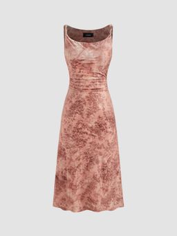 Cider - Pink Scoop Neckline Floral Ruched Midi Dress