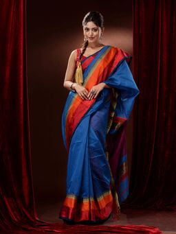 CHARUKRITI - Sapphire Blue Cotton Silk Handwoven Contrast Borders & Pallu Saree with Unstitched Blouse