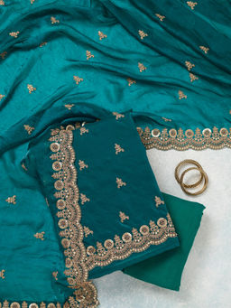 Koskii - Rama Green Cording Organza Unstitched Top & Bottom with Dupatta