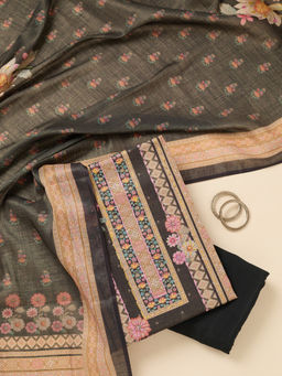 Koskii - Black Linen Unstitched Top & Bottom with Dupatta