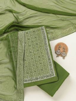 Koskii - Mehendi Green Zariwork Georgette Unstitched Top & Bottom with Dupatta