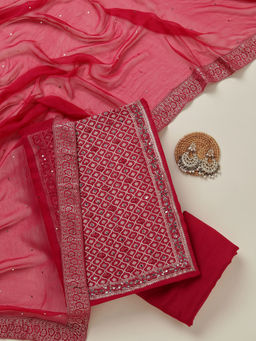 Koskii - Rani Pink Zariwork Georgette Unstitched Top & Bottom with Dupatta
