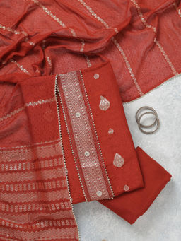 Koskii - Rust Zariwork Dola Silk Unstitched Top & Bottom with Dupatta