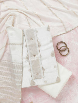 Koskii - White Zariwork Dola Silk Unstitched Top & Bottom with Dupatta