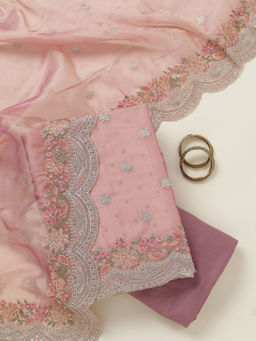 Koskii - Onion Pink Tissue Unstitched Top & Bottom with Dupatta