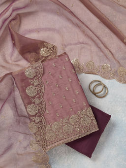 Koskii - Wine Tissue Unstitched Top & Bottom with Dupatta