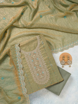 Koskii - Pista Green Cutdana Tissue Unstitched Top & Bottom with Dupatta