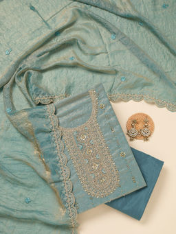 Koskii - Sea Blue Cutdana Tissue Unstitched Top & Bottom with Dupatta