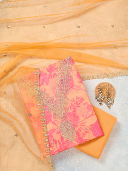 Koskii - Orange Organza Unstitched Top & Bottom with Dupatta