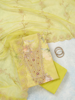 Koskii - Parrot Green Organza Unstitched Top & Bottom with Dupatta