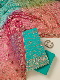 Koskii - Turquoise Blue Georgette Unstitched Top & Bottom with Dupatta
